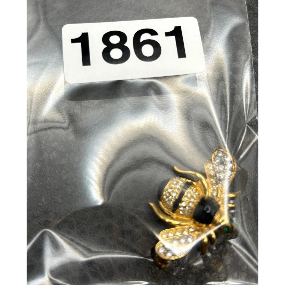 VTG MFA 1993 Enamel Bee Insect Brooch Black Glass Rhinestone Crystal Pin